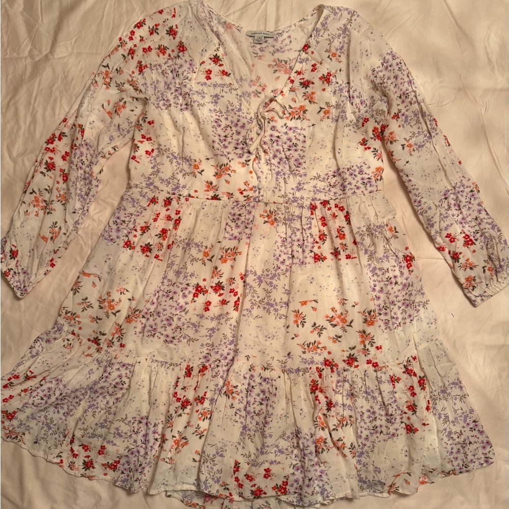 American Eagle Flora Tiered Long-Sleeve Dress - Cream with Lavender & Red Floral
